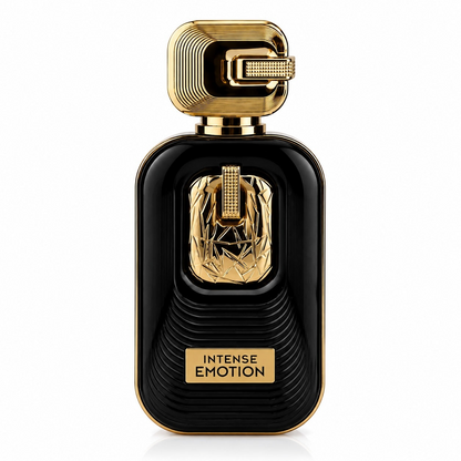 Noor Fragrances Intense Emotion Eau de Parfum in a sleek black bottle with gold accents and a textured cap.