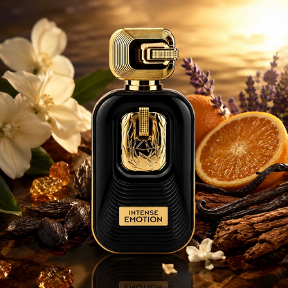 Noor Fragrances Intense Emotion perfume in a glossy black bottle with gold accents, surrounded by citrus and florals.
