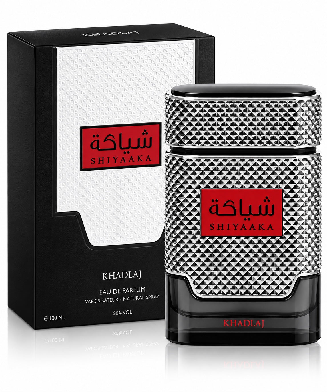 Noor Fragrances KHADLAJ Shiyaaka Eau De Parfum in a textured silver and black bottle with red accents and matching box