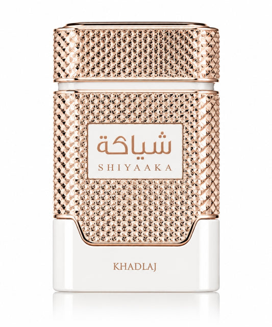 Noor Fragrances KHADLAJ Shiyaaka Eau De Parfum bottle with white finish and intricate rose-gold textured detailing