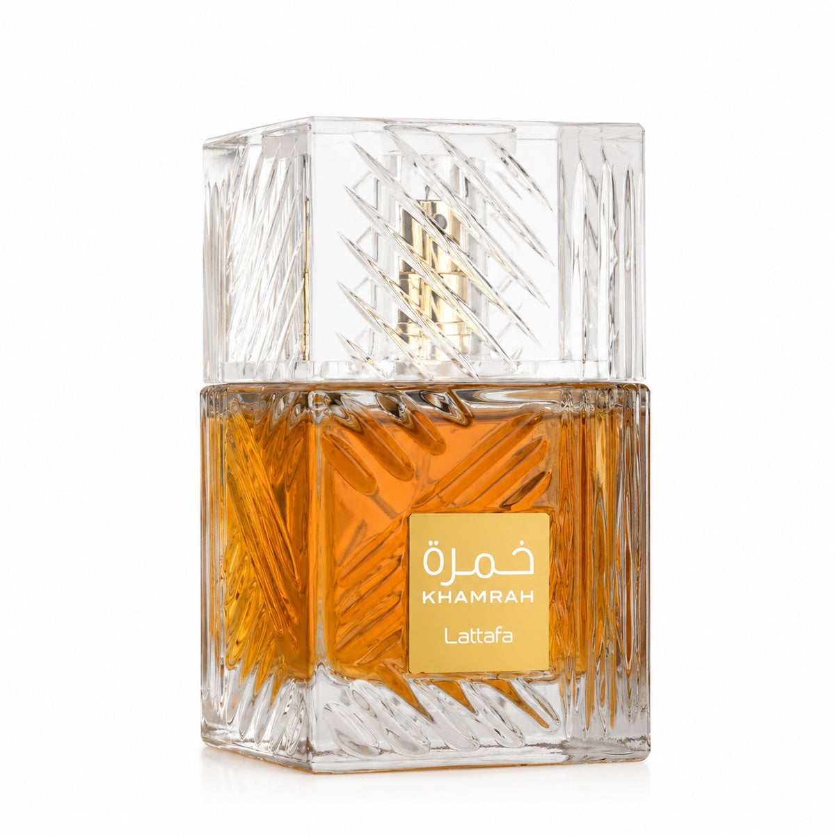 Noor Fragrances Lattafa Khamrah Eau de Parfum in a heavy-cut crystal glass bottle with a gold label
