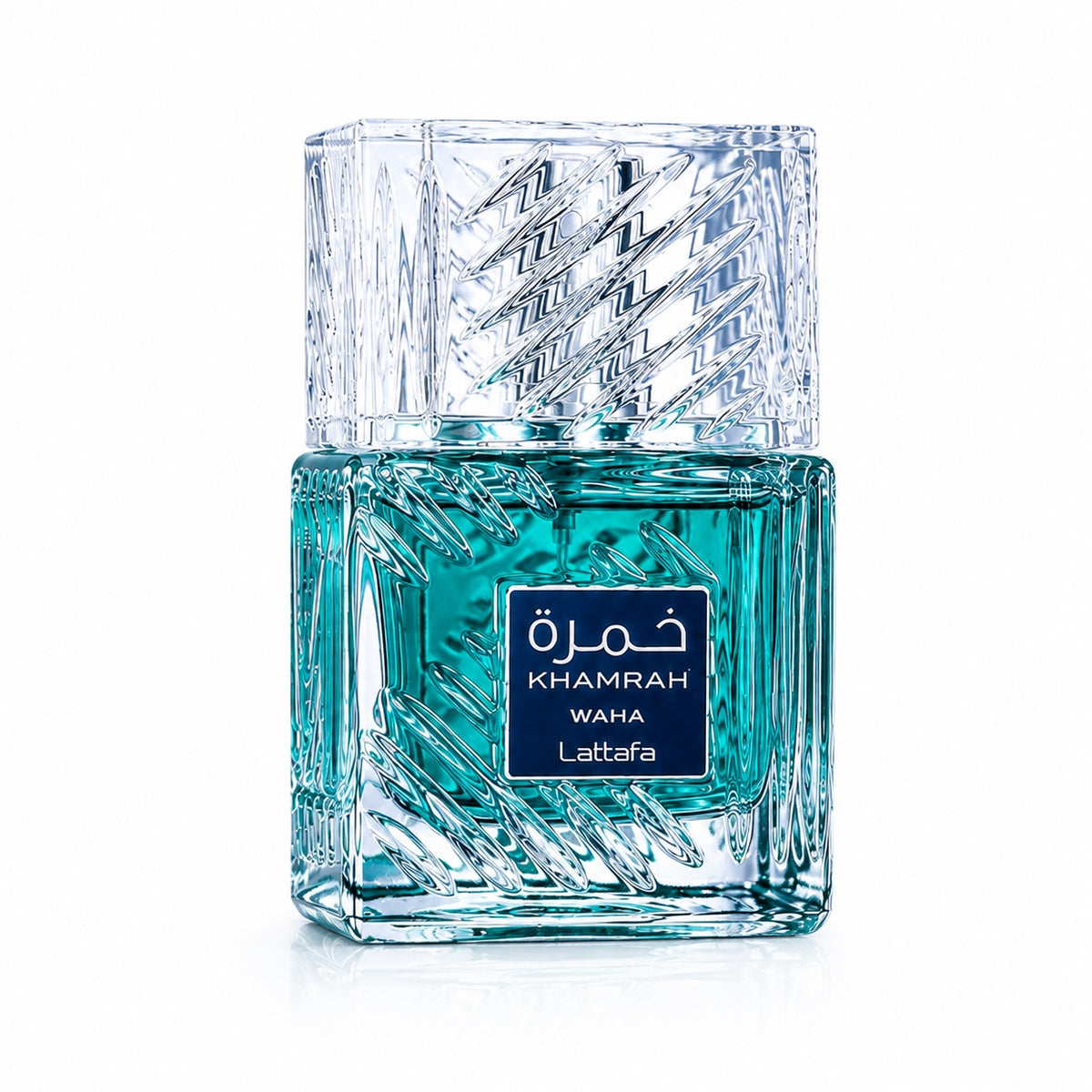 Noor Fragrances Lattafa Khamrah Waha eau de parfum in a textured blue glass bottle with a clear geometric cap