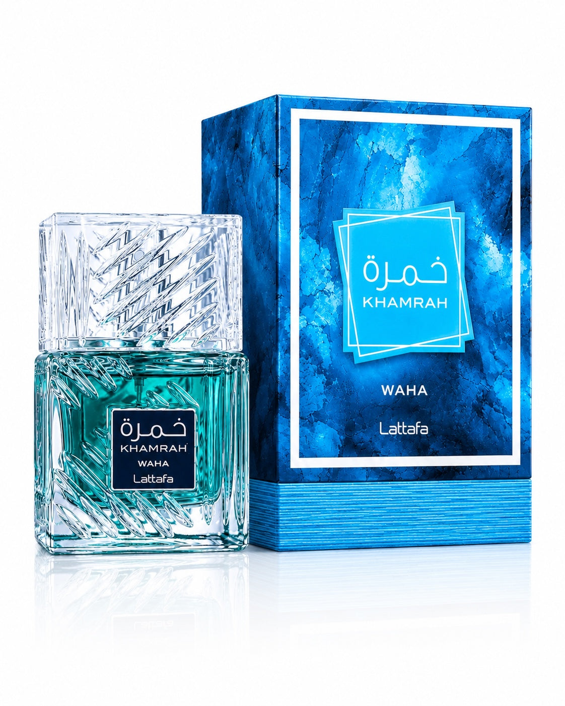 Noor Fragrances Lattafa Khamrah Waha eau de parfum in a textured blue glass bottle next to its matching blue box.