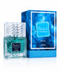 Noor Fragrances Lattafa Khamrah Waha eau de parfum in a textured blue glass bottle next to its matching blue box.
