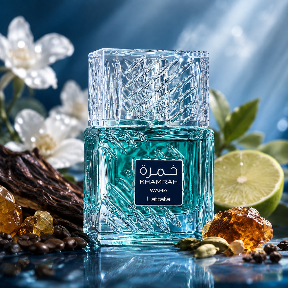 Noor Fragrances Lattafa Khamrah Waha perfume in a textured blue glass bottle surrounded by lime, coffee, and spices.