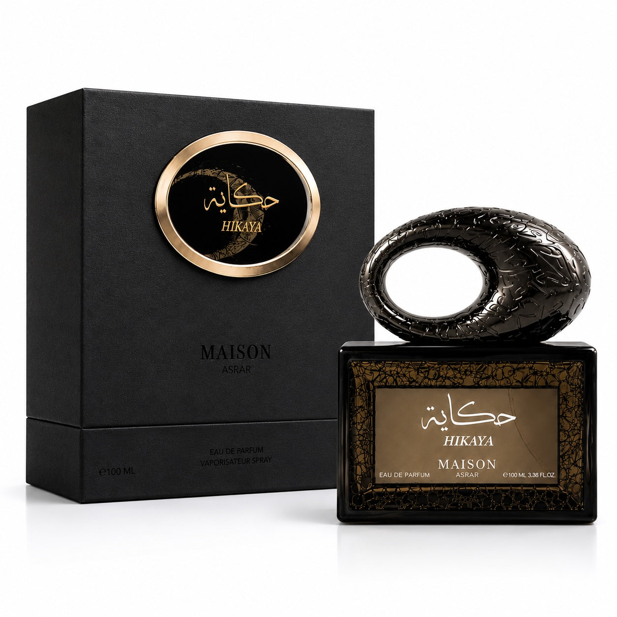 Noor Fragrances Maison Asrar Hikaya Eau de Parfum in a black bottle with a unique sculptural cap and matching gift box.