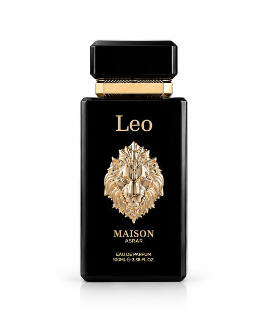 Noor Fragrances MAISON ASRAR Leo Eau De Parfum in a sleek black bottle with a prominent gold lion crest emblem.