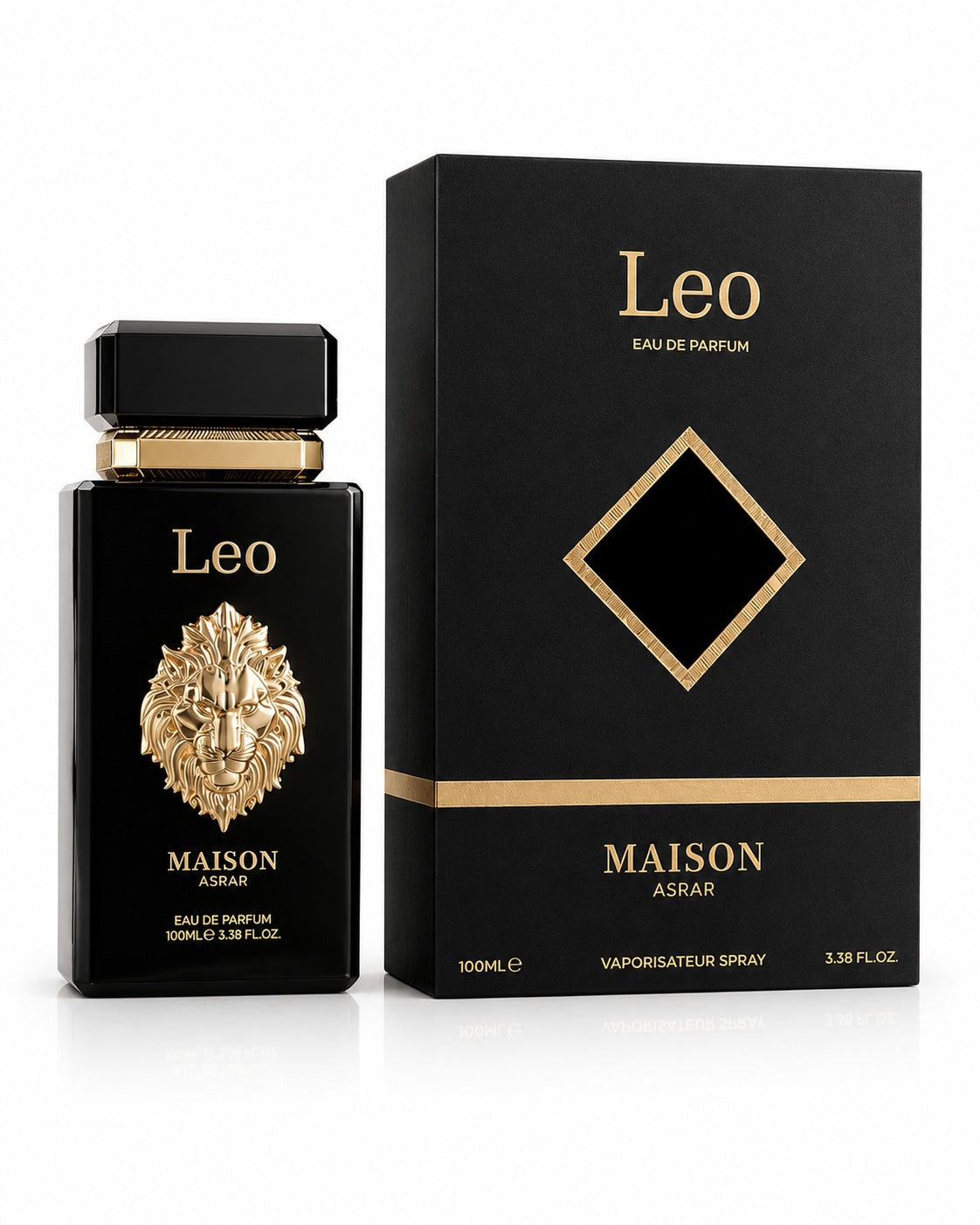 Noor Fragrances MAISON ASRAR Leo Eau De Parfum in a black bottle with a gold lion crest next to its matching box.