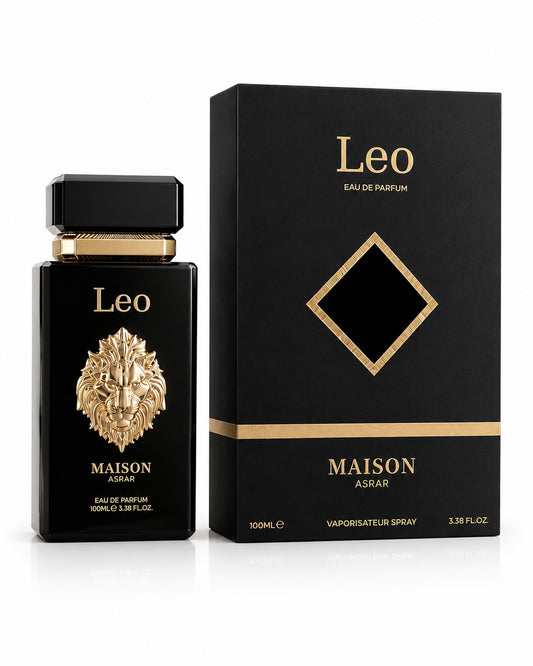 Noor Fragrances MAISON ASRAR Leo Eau De Parfum in a black bottle with a gold lion crest next to its matching box.