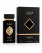Noor Fragrances MAISON ASRAR Leo Eau De Parfum in a black bottle with a gold lion crest next to its matching box.