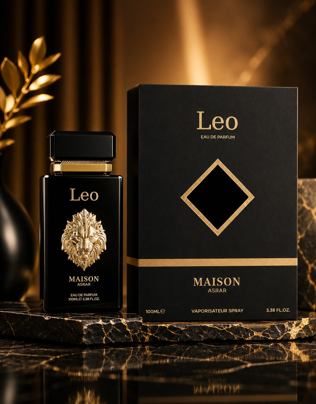 Noor Fragrances MAISON ASRAR Leo Eau De Parfum in a black bottle with a gold lion crest next to its matching box.