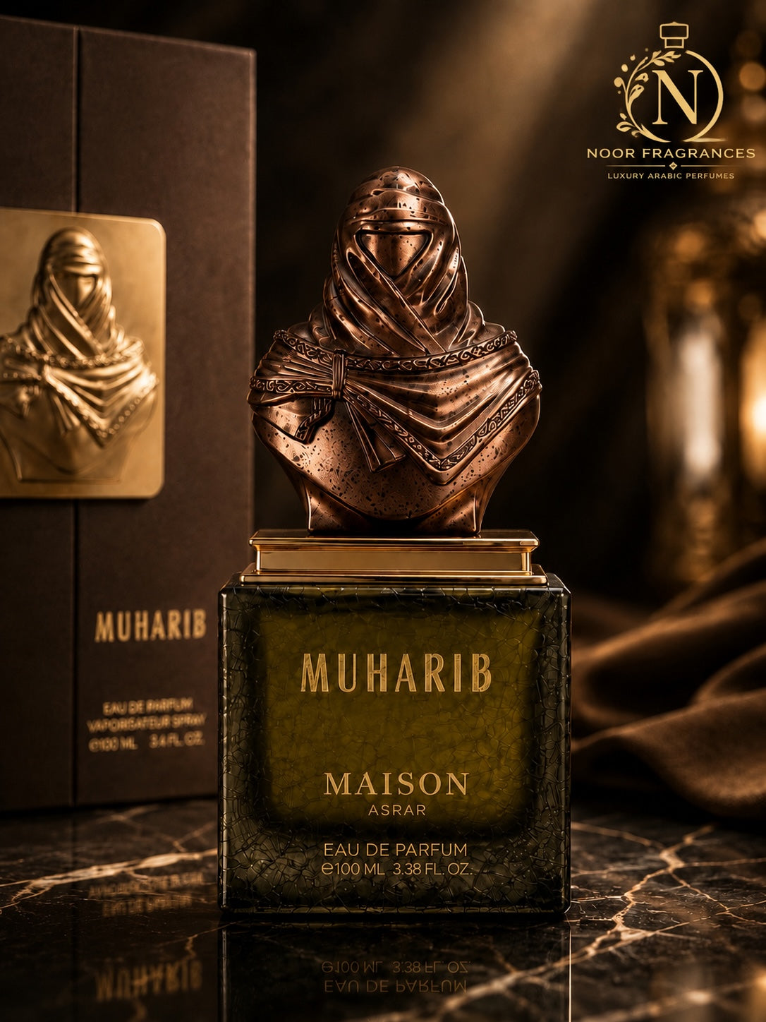 Noor Fragrances Maison Asrar Muharib Eau de Parfum featuring a bronze-toned warrior bust cap on a textured green bottle.