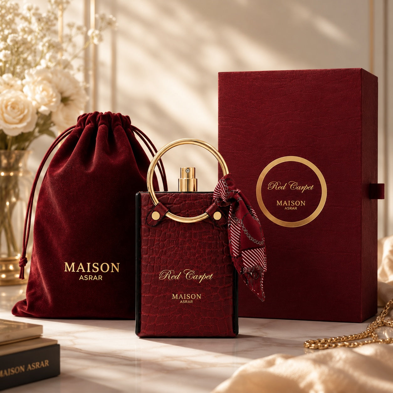 Noor Fragrances Maison Asrar Red Carpet perfume in a red crocodile-textured handbag bottle with a gold handle and scarf.