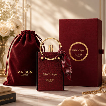 Noor Fragrances Maison Asrar Red Carpet perfume in a red crocodile-textured handbag bottle with a gold handle and scarf.