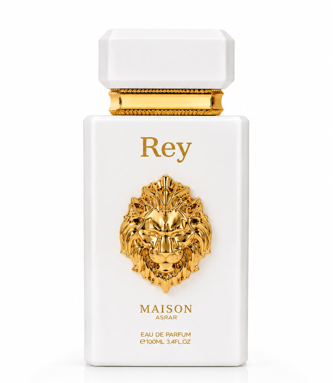 Noor Fragrances Maison Asrar Rey Eau de Parfum in a white bottle with a gold lion emblem on a white background.