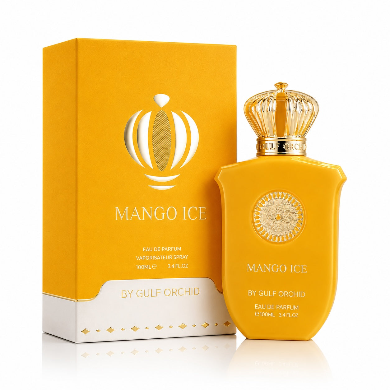 Noor Fragrances Mango Ice Eau de Parfum in a yellow bottle with a gold crown cap next to its matching yellow box.