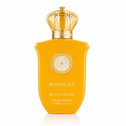 Noor Fragrances Mango Ice Eau de Parfum in a bright yellow bottle with an ornate gold crown cap.