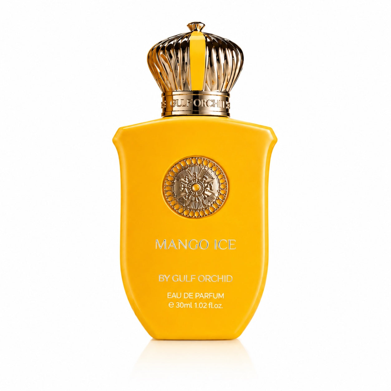 Noor Fragrances Mango Ice Eau De Parfum in a vibrant yellow bottle with a luxurious gold crown cap.