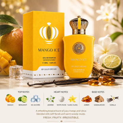 Noor Fragrances Mango Ice Eau de Parfum bottle and box with mango, citrus, and floral accents on a marble surface.