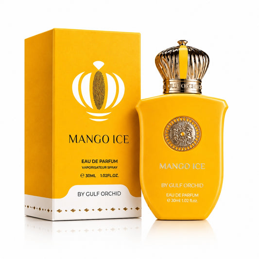Noor Fragrances Mango Ice Eau de Parfum in a bright yellow bottle with a gold crown cap next to its matching box.