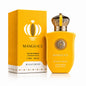 Noor Fragrances Mango Ice Eau de Parfum in a bright yellow bottle with a gold crown cap next to its matching box.