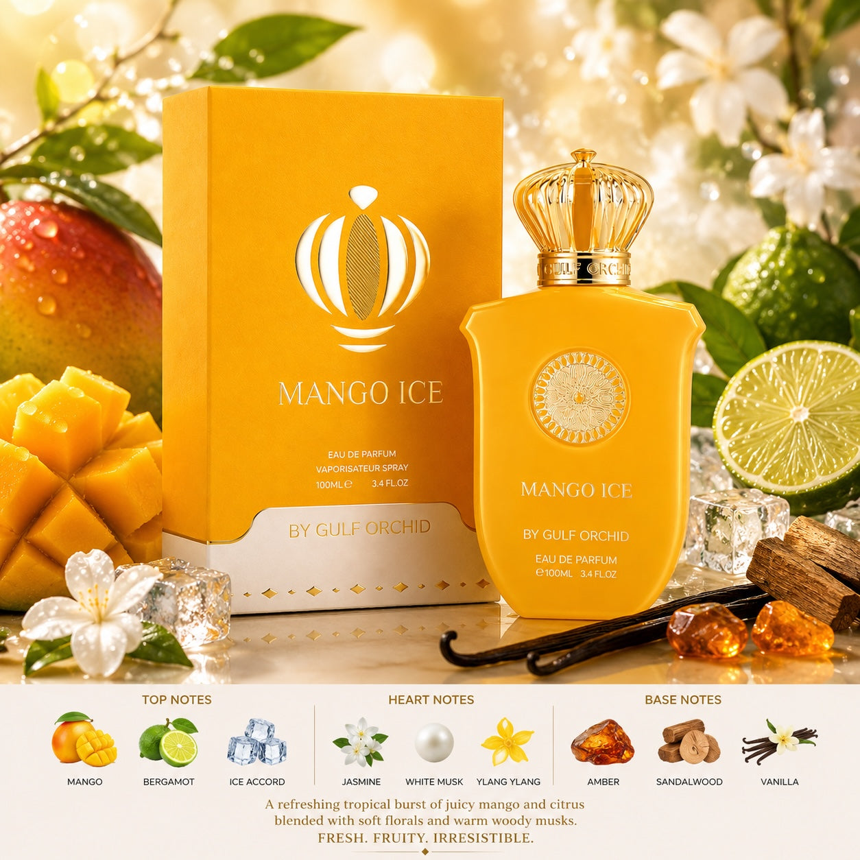 Noor Fragrances Mango Ice perfume bottle and box with mango, lime, and floral accents in a tropical setting.