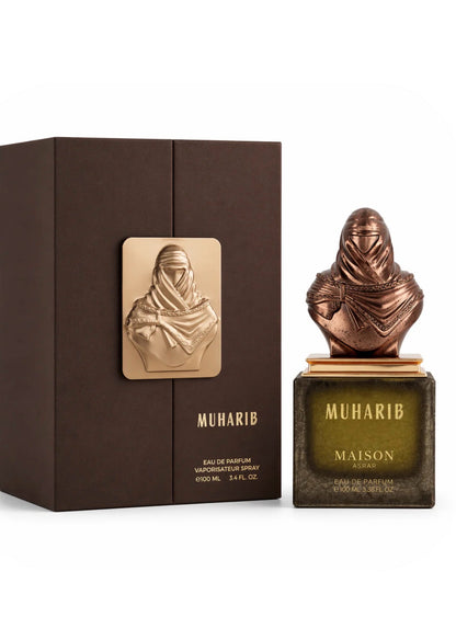 Noor Fragrances Maison Asrar Muharib Eau de Parfum with a bronze bust bottle and matching dark brown presentation box.