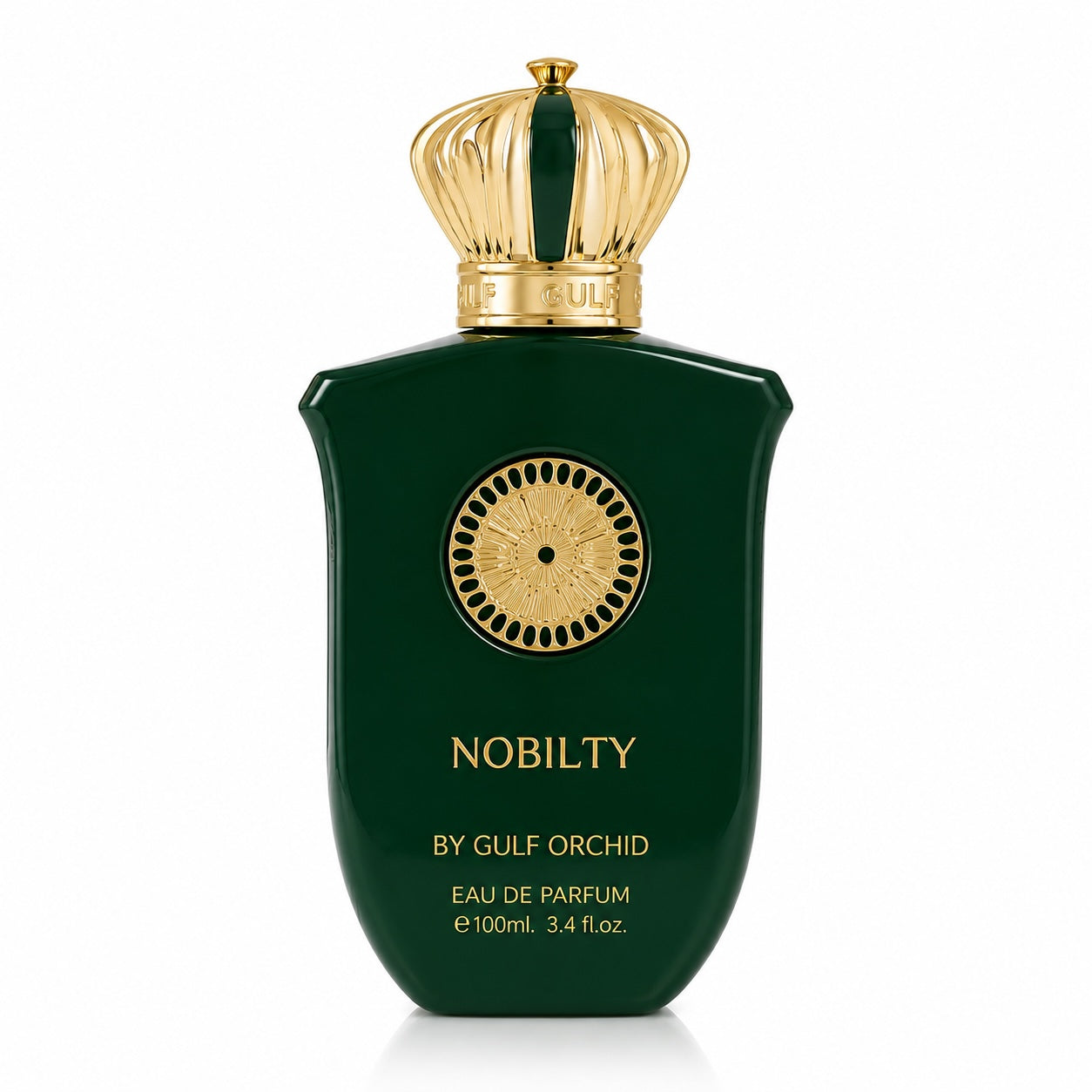 Noor Fragrances Nobilty Eau De Parfum in a deep green bottle with a regal gold crown cap and gold emblem detail.