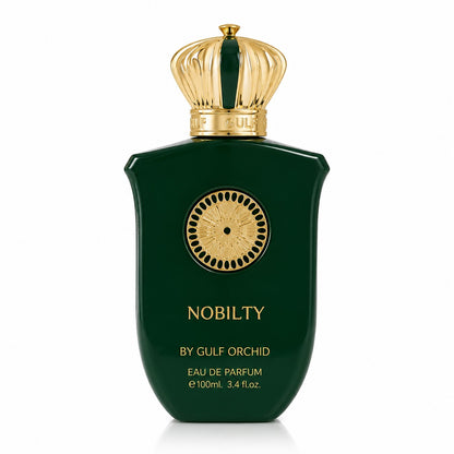 Noor Fragrances Nobilty Eau De Parfum in a deep green bottle with a regal gold crown cap and gold emblem detail.