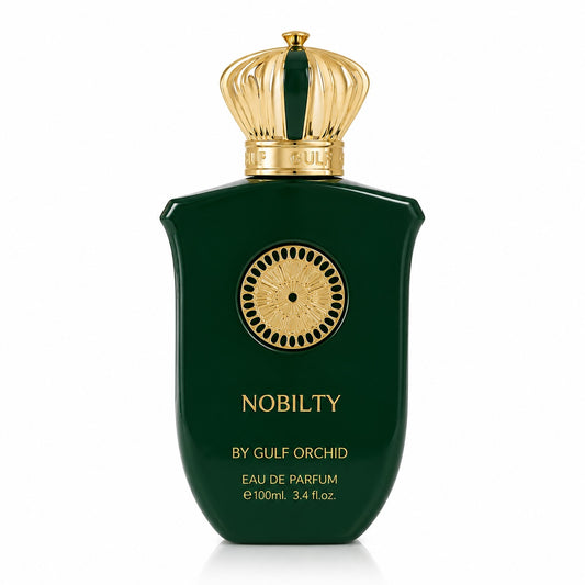 Noor Fragrances Nobilty Eau De Parfum in a deep green bottle with a regal gold crown cap and gold emblem detail.