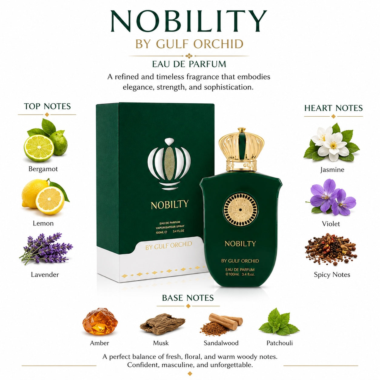Noor Fragrances Nobilty Eau de Parfum in a deep green bottle with gold accents, featuring citrus and floral notes.