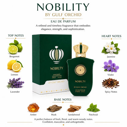 Noor Fragrances Nobilty Eau de Parfum in a deep green bottle with gold accents, featuring citrus and floral notes.