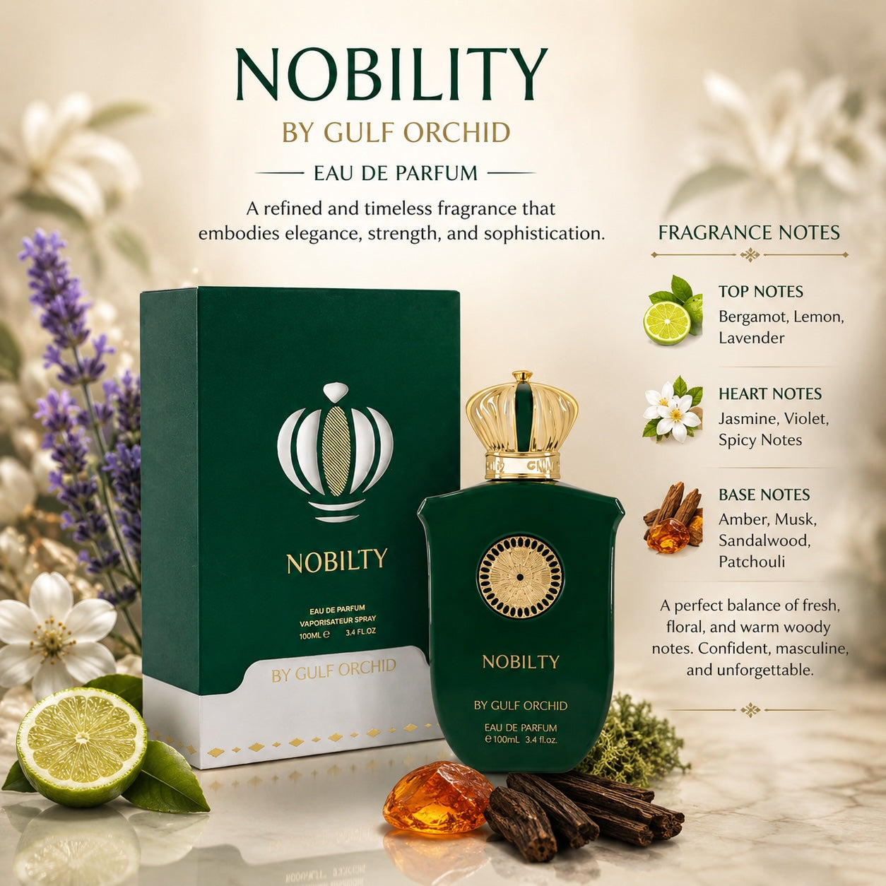 Noor Fragrances Nobilty Eau De Parfum in a deep green bottle with gold accents, displayed with citrus and floral notes.