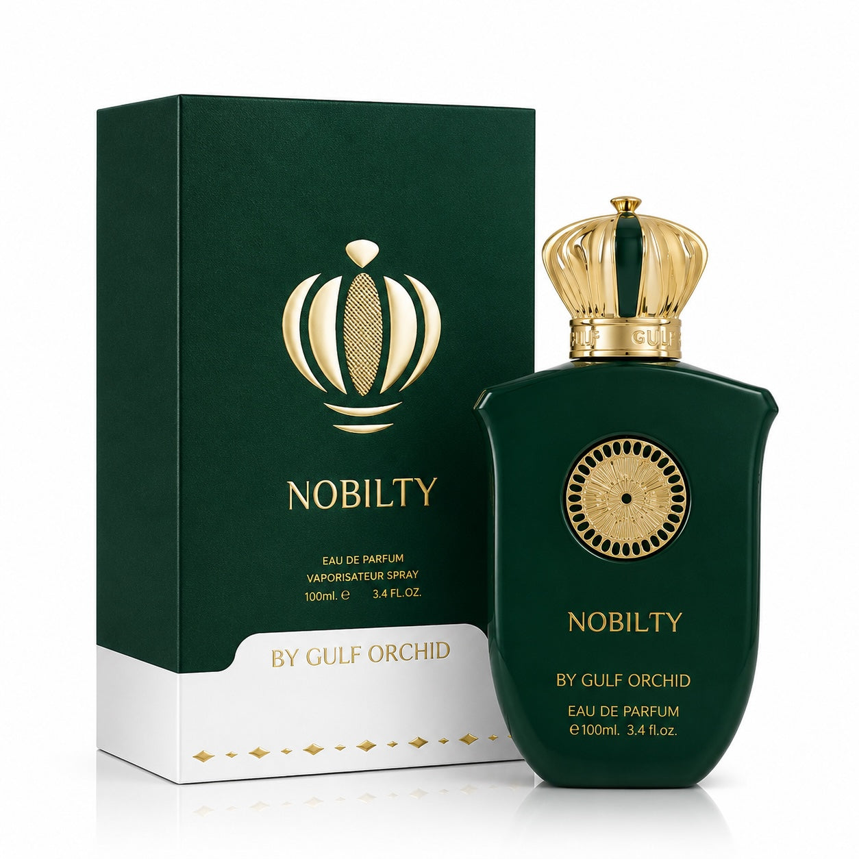 Noor Fragrances Nobilty Eau de Parfum in a deep green bottle with a gold crown cap next to its matching gift box.