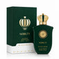 Noor Fragrances Nobilty Eau de Parfum in a deep green bottle with a gold crown cap next to its matching gift box.