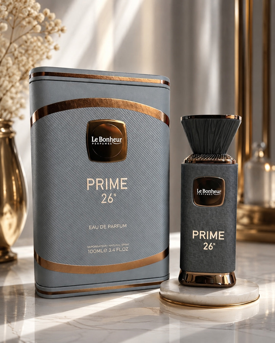 Noor Fragrances Le Bonheur Prime 26 Eau de Parfum bottle and box in charcoal grey with copper accents on marble