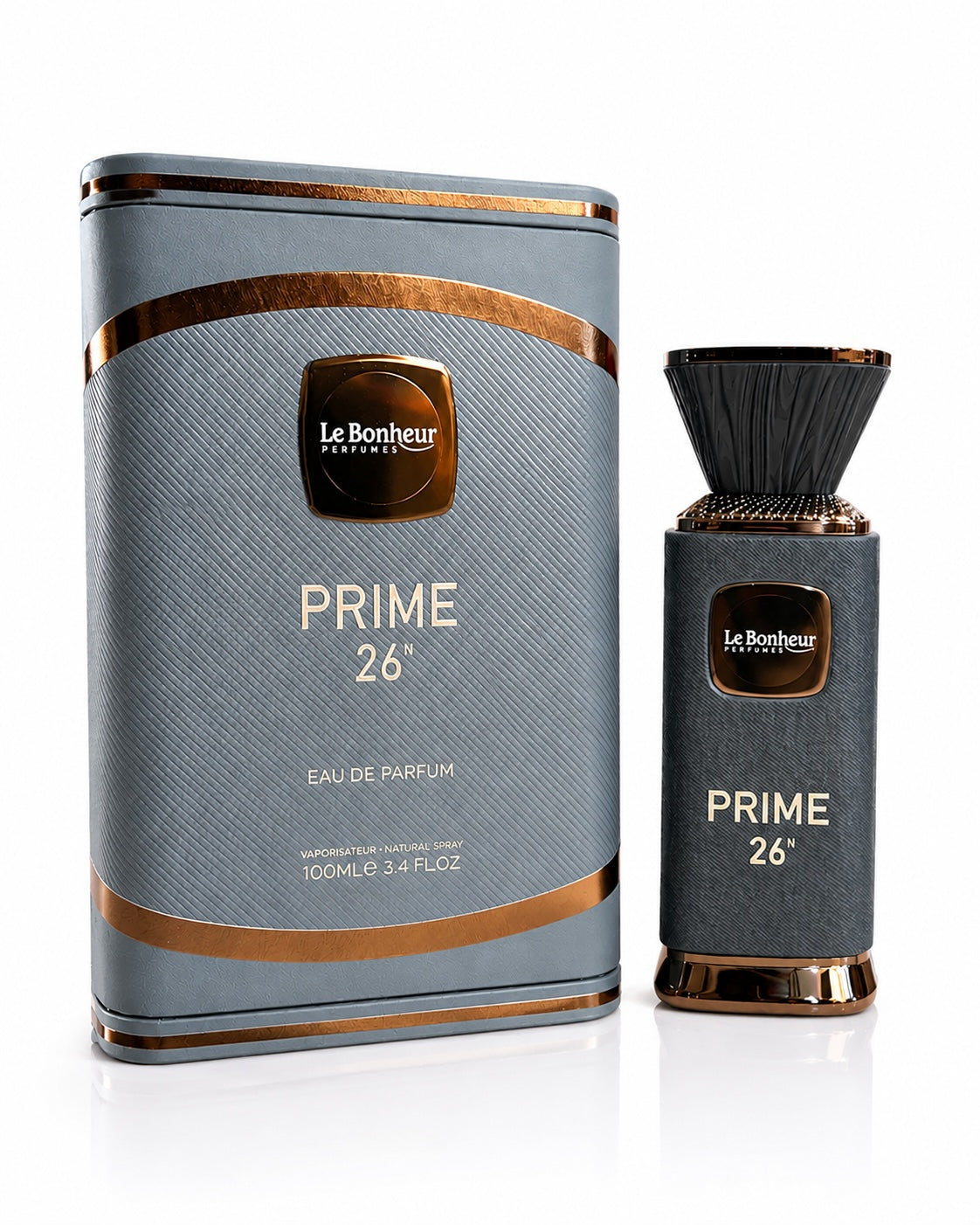 Noor Fragrances Le Bonheur Prime 26 Eau de Parfum bottle and matching charcoal-grey textured box with copper accents.