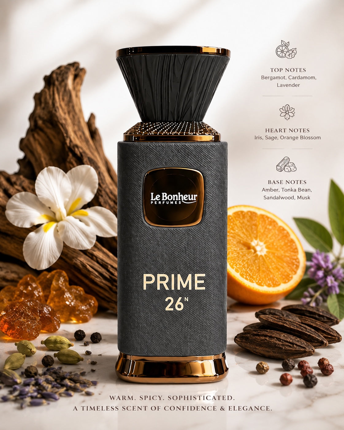 Noor Fragrances Le Bonheur Prime 26 Eau de Parfum in a charcoal-grey bottle with copper accents and fragrance notes.