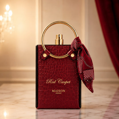 Noor Fragrances Red Carpet perfume in a red crocodile-textured handbag bottle with a gold handle and silk scarf.