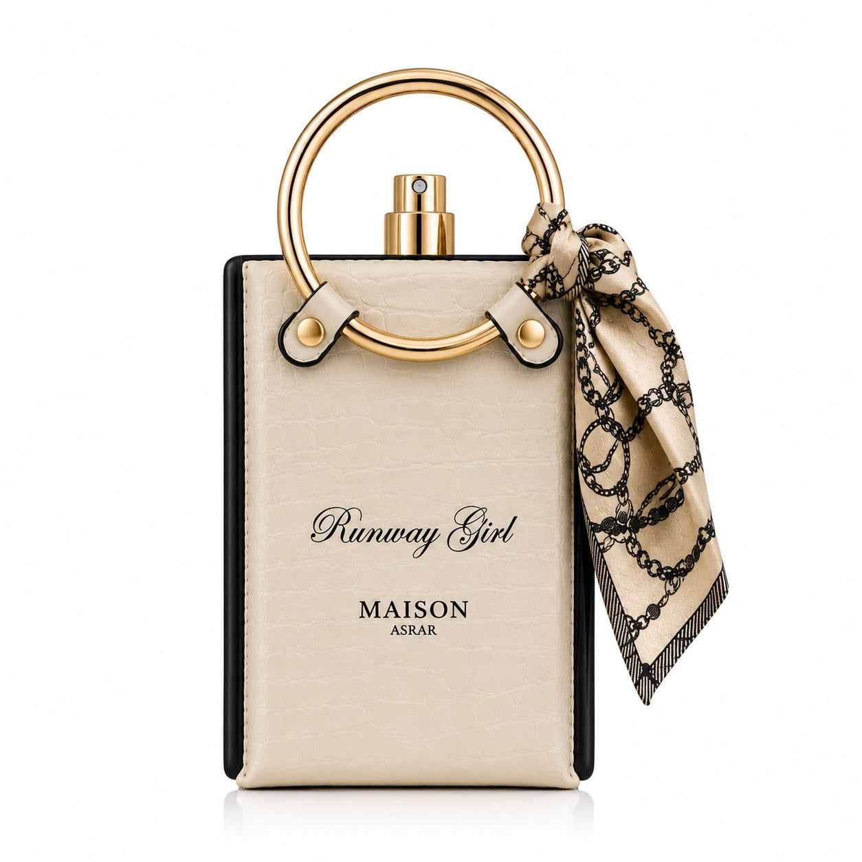 Noor Fragrances Runway Girl perfume in a cream textured bottle with a gold ring handle and printed scarf accessory.