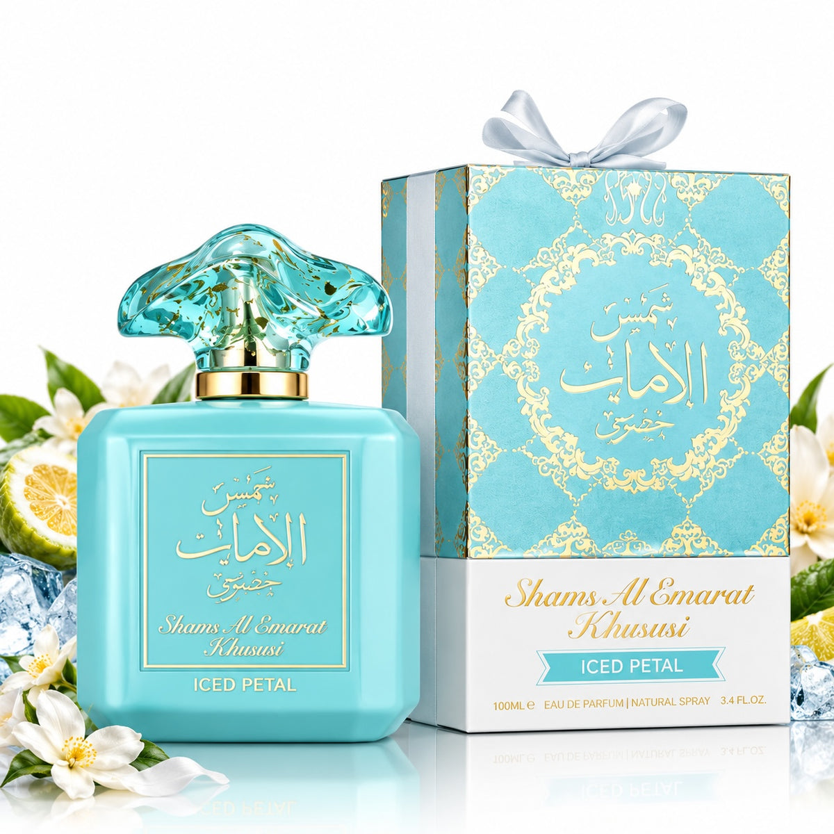 Noor Fragrances Shams Al Emarat Khususi Iced Petal perfume bottle and gift box with turquoise and gold accents.