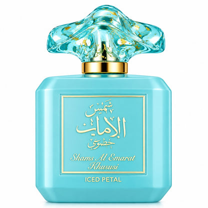 Noor Fragrances Shams Al Emarat Khususi Iced Petal perfume in a turquoise bottle with a gold-flecked sculpted cap.