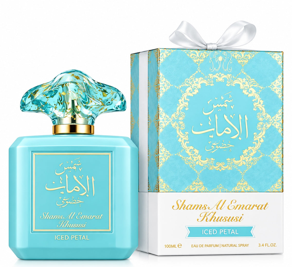 Noor Fragrances Shams Al Emarat Khususi Iced Petal perfume in a turquoise bottle with gold accents and gift box.