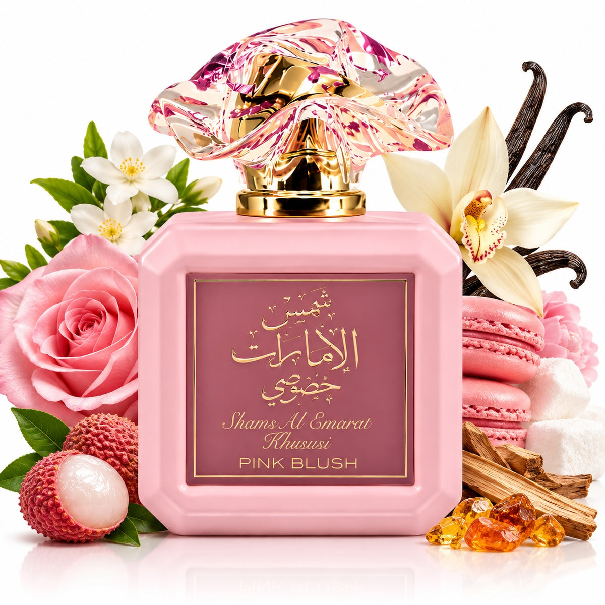 Noor Fragrances Shams Al Emarat Khususi Pink Blush perfume bottle with a sculpted cap, surrounded by floral accents.