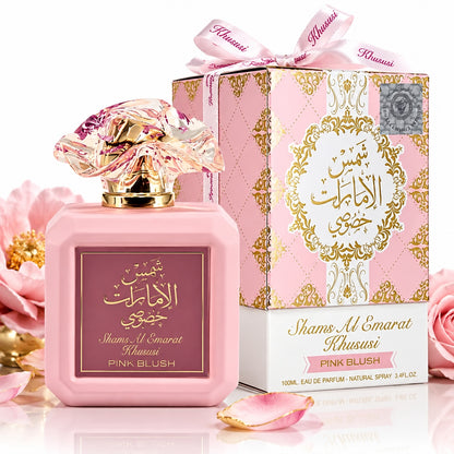 Noor Fragrances Shams Al Emarat Khususi Pink Blush perfume bottle with sculpted cap and matching floral gift box