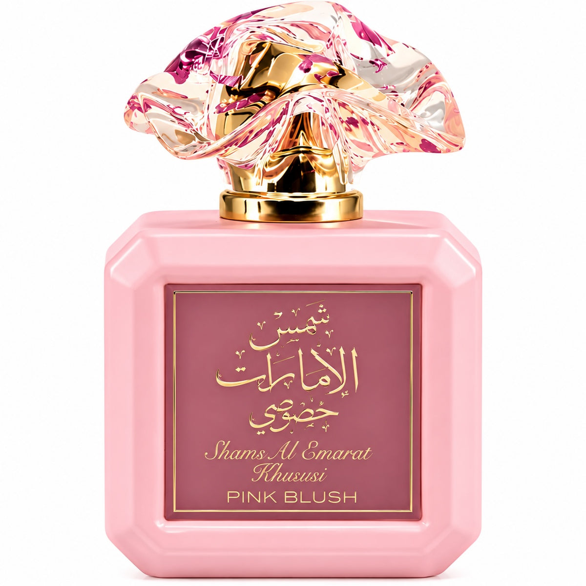 Noor Fragrances Shams Al Emarat Khususi Pink Blush perfume in a square pink bottle with a sculpted floral cap