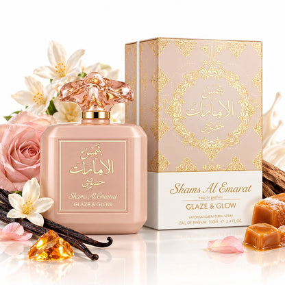 Noor Fragrances Shams Al Emarat Glaze & Glow perfume bottle and box with floral, vanilla, and caramel accents.