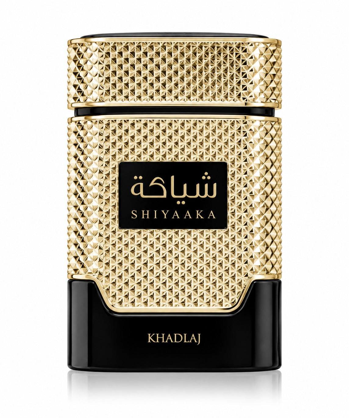 Noor Fragrances KHADLAJ Shiyaaka Gold perfume bottle with a textured gold metallic finish and black base.