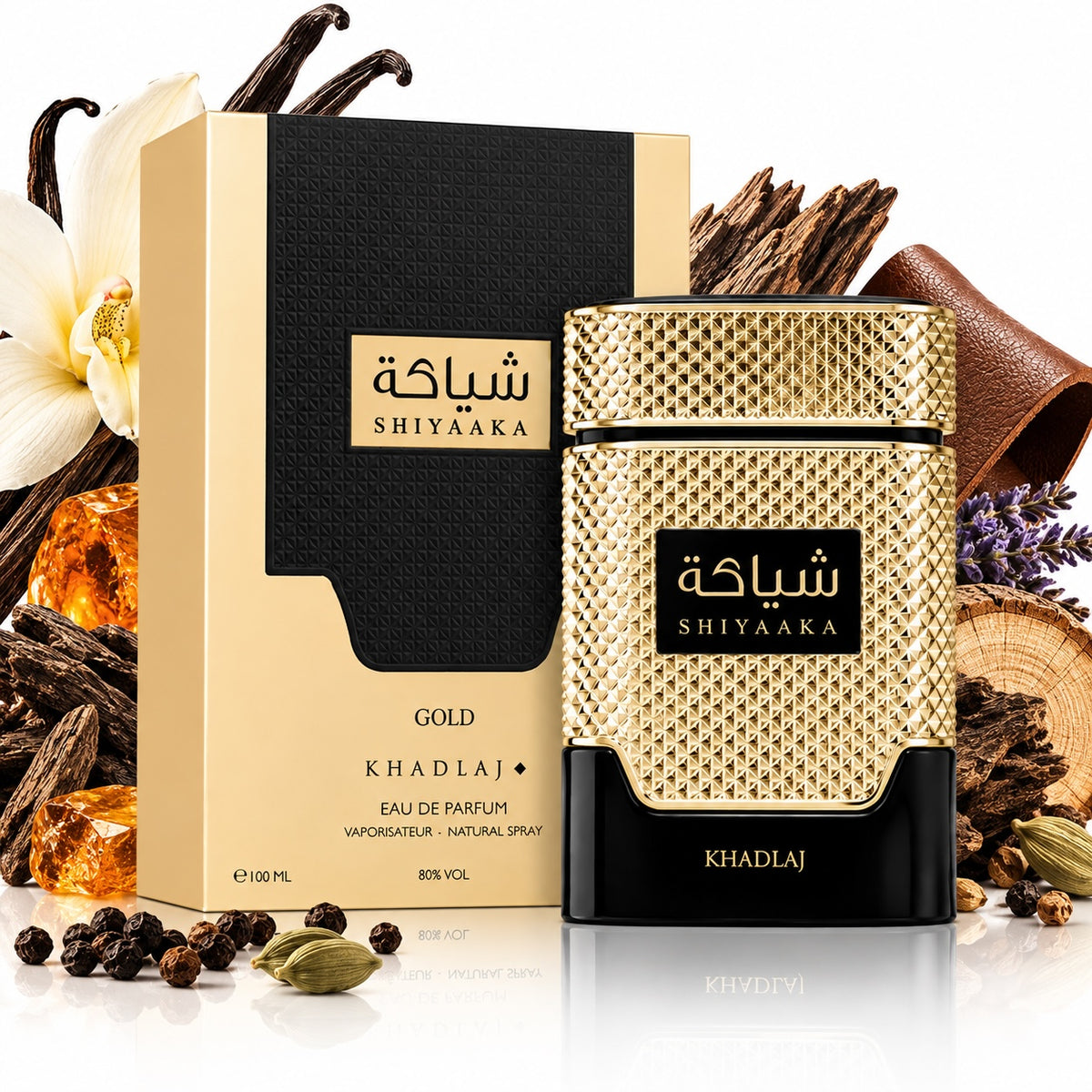 Noor Fragrances Shiyaaka Gold Eau de Parfum bottle and box with vanilla, wood, and spice accents on a white background.