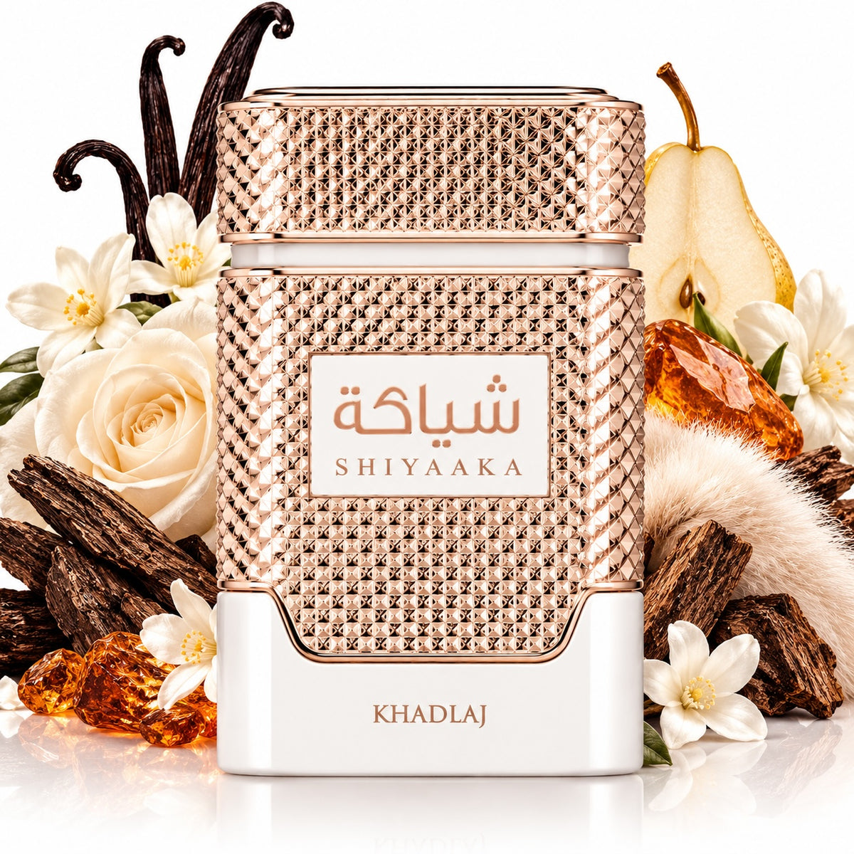 Noor Fragrances KHADLAJ Shiyaaka Eau De Parfum in a white bottle with rose-gold textured detailing and floral accents.